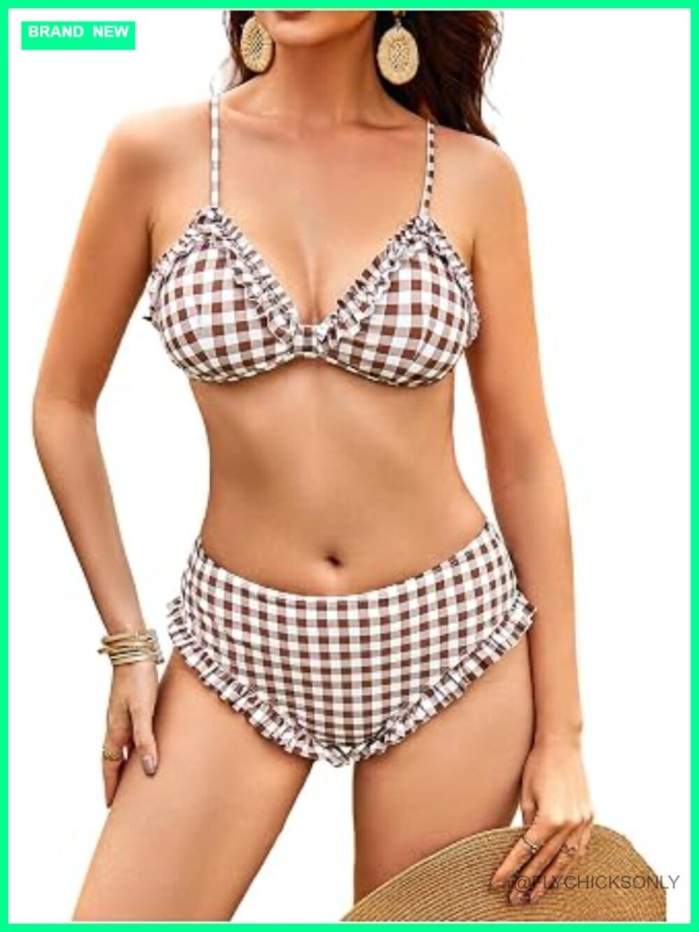 Ruffle V Neck Spaghetti Strap Gingham Bikini Set Mid Waisted